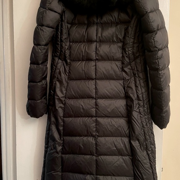 Snowman black down long puffer coat with real fur hood size Large - Picture 9 of 13